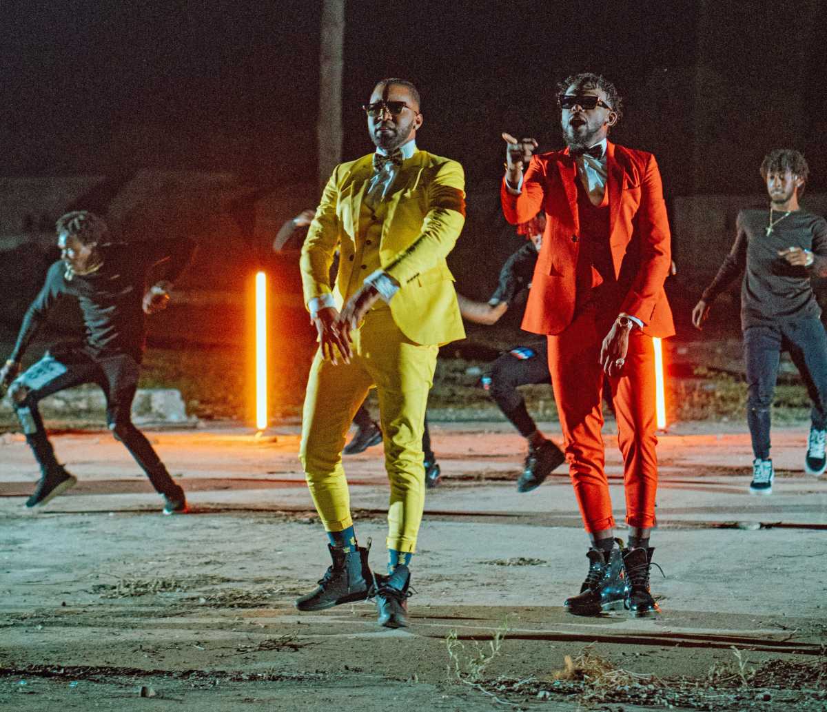 Konshens (left) teams up with Kemar Highcon in the music video “Volcano.”