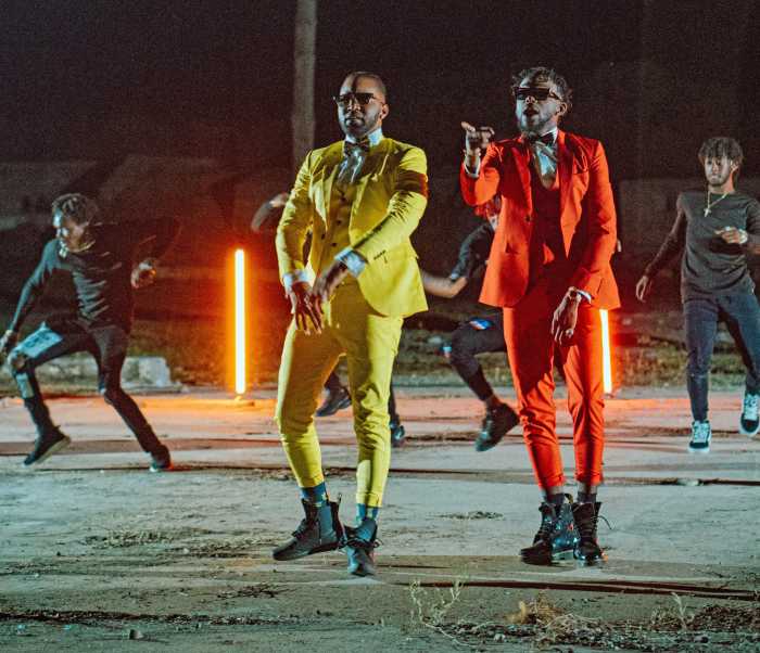 Konshens (left) teams up with Kemar Highcon in the music video “Volcano.”