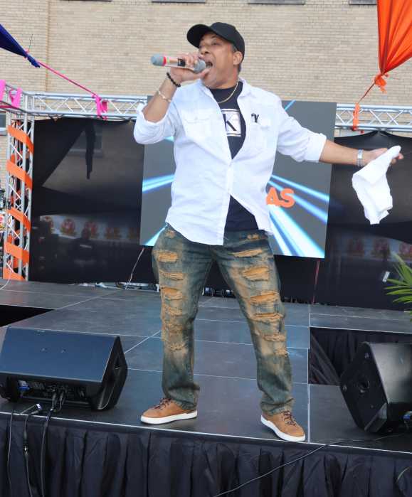 Dennis Bowman performs “Blow Me Whistle" at the Vincy Mas Carnival launch.