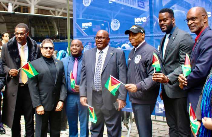 Members of the Consular Corps., from left , CG Rondy “Luta” McIntosh, Fazil J. Yussuff (Guyana Diaspora head) CG Sheldon Peter, CG Brotherson, Mayor Eric L. Adams, CG Jeremiah Hyacinth, and Andrea Laveau.