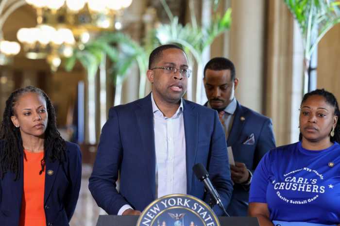 Sen Zellor Y. Myrie addresses a news conference, flanked by Assembly Member Monique Chandler-Waterman to his right.