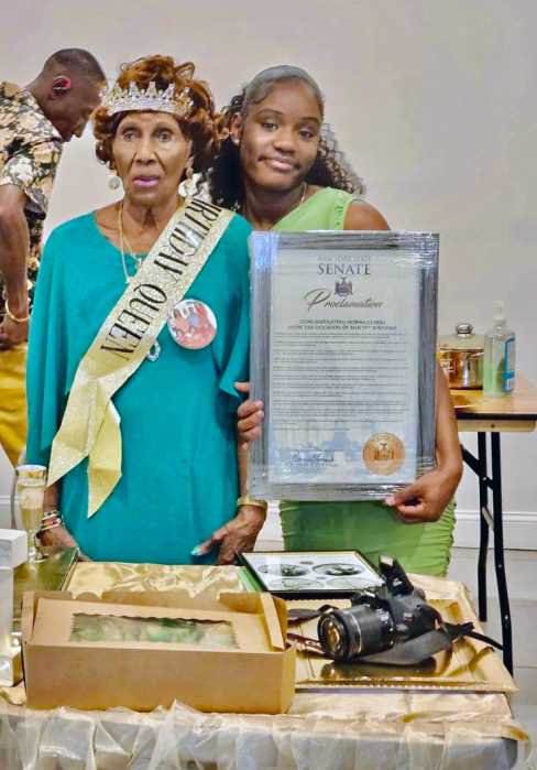 Aisha Kelly, Norma Clarke’s great granddaughter, and a Georgia college student, presented a Proclamation from the Office of NYS Senator Roxanne J. Persaud during the senior citizen's 95th birthday celebration in Canarsie on May 10, 2025.