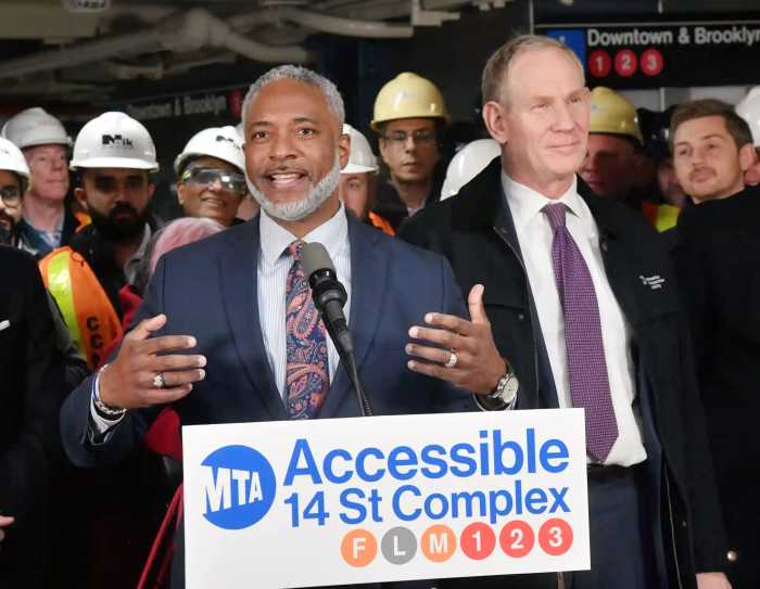 MTA New York City Transit President Demetrius Crichlow with MTA Chair and CEO Janno Lieber at a Dec. 19, 2024 press conference at the 14th Street station on the 1/2/3 lines in Greenwich Village.