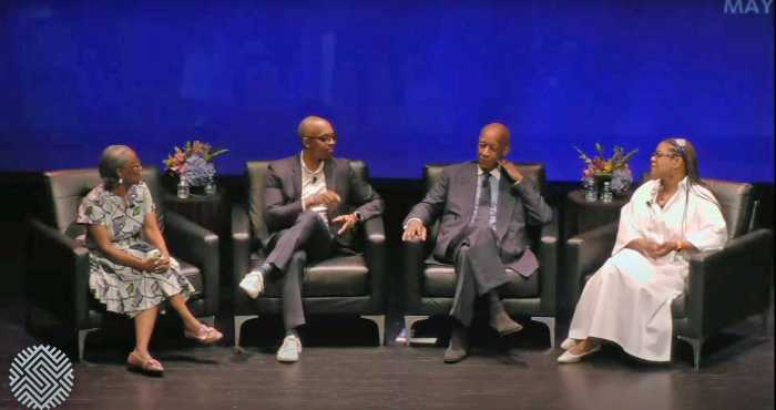 Moderator Farah Griffin, with current Schomburg Center Director Joy L. Bivins and past directors Khalil Gibran Muhammad (2011–2016), and Kevin Young (2016–2021), in a panel on May 8 during the hybrid kickoff of a yearlong celebration, in honor of the 100th anniversary of its founding.