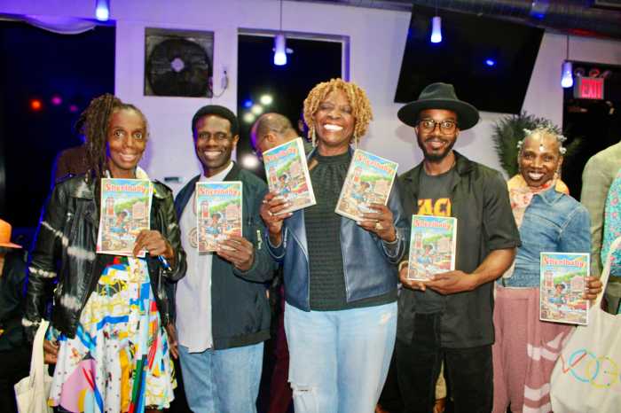 Scores of Jamaicans, friends and family, turned out to support first time author Sharon Gordon at her book launch, and celebration of her up-coming tour at a grand reception on April 24, at Island Seas Lounge in Brooklyn. This group is all smiles holding the novel “Sherribaby.”