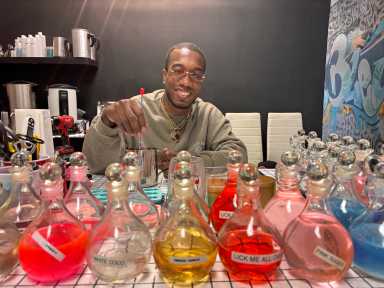 Alex Moffitt, founder of Candle De Lite in Baldwin, NY, offers a unique twist on nightlife with interactive candle-making classes that encourage creativity and socializing.