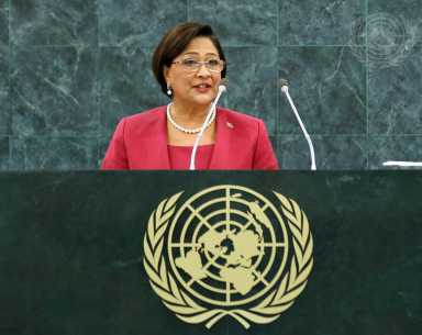 Kamla Persad-Bissessar, Prime Minister of the Republic of Trinidad and Tobago, addresses the general debate of the 68th session of the General Assembly in Sept. 25, 2013.