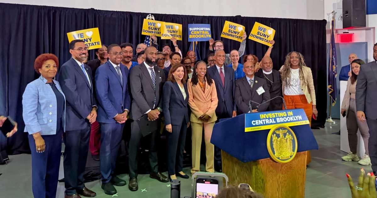 Governor of NY, Kathy Holchul fifth from left with some of Brooklyn's local politicians standing with the President of SUNY Downstate, Dr. Wayne Riley, second from the right of the governor as well as Brooklyn Clergy and Community leaders at Downstate Medical Hospital on Tuesday, June 17, 2025.