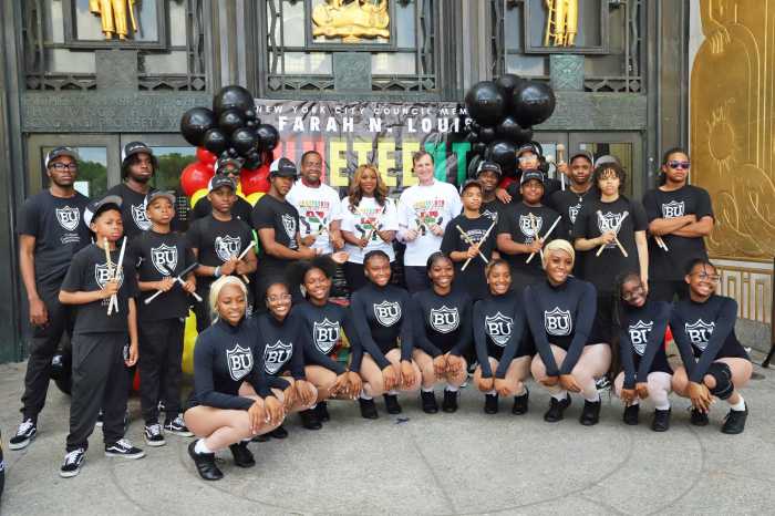 Council Member Louis joins Rep. Dan Goldman and Sen. Zellnor Myrie in photo with Brooklyn United Music & Arts.