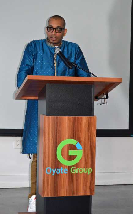 Oyate Group COO Jason Attar addresses the crowd, emphasizing the organization’s mission to bridge community development with cultural preservation through arts programming.