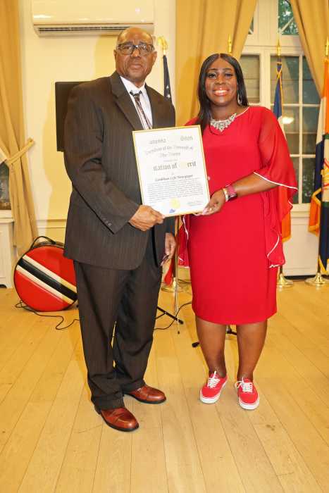 Caribbean Life editor Kevin Williams receives proclamation from Bronx Borough President Vanessa L. Gibson during the Caribbean-American Heritage Month Celebration at Andrew Freeman House, 1125 Grand Concourse, Bronx, on Wednesday, June 18, 2025.