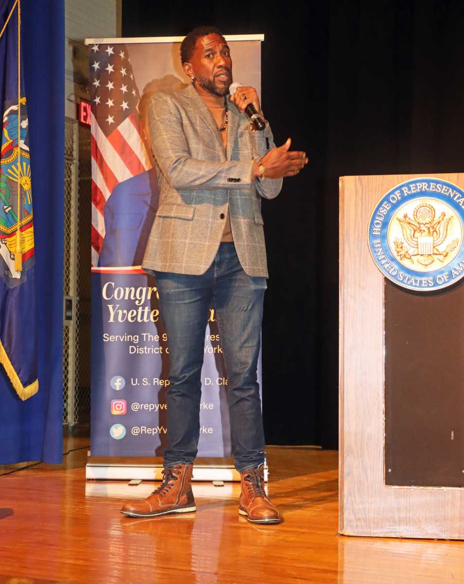 Public Advocate Jumaane Williams addresses Town Hall meeting of Caribbean-American Congresswoman Yvette D. Clarke in Brooklyn on Monday, June 16, 2025.