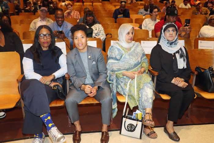 Council Members Rita Joseph, left, front row, and Crystal Hudson, second from left, front row, among attendees at town hall meeting by Caribbean-American Congresswoman Yvette D. Clarke in Brooklyn on Monday, June 16, 2025.