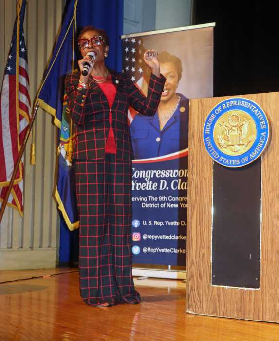 U.S. Representative Yvette D. Clarke addresses the town hall meeting at the George W. Wingate High School Auditorium on Kingston Avenue in Brooklyn, on Monday, June 16, 2025.