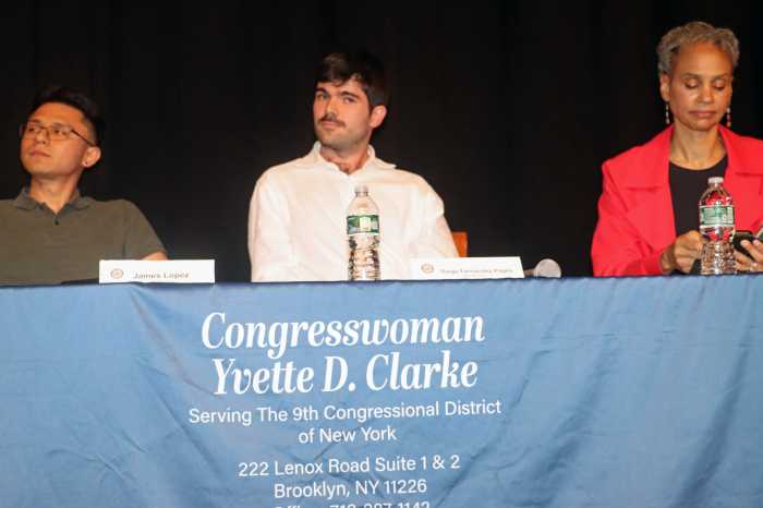 Panelists at town hall, L-R: James Lopez, immigration attorney at the immigrant advocacy group Make the Road New York; Diego Fernandez-Pages, workplace justice attorney at Make the Road; and Maya Wiley, president and CEO at the Leadership Conference on Civil and Human Rights.