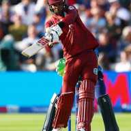 West Indies' Jewel Andrew Roston Chase in action as he hits four runs off the bowling of England's Jacob Bethell at the Edgbaston Cricket Ground, Birmingham, Britain on May 29, 2025.