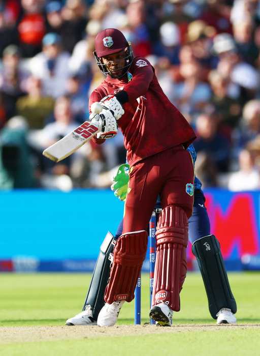 West Indies' Jewel Andrew Roston Chase in action as he hits four runs off the bowling of England's Jacob Bethell at the Edgbaston Cricket Ground, Birmingham, Britain on May 29, 2025. 