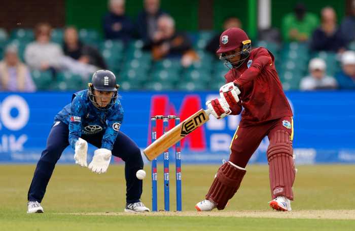 West Indies' Shemaine Campbelle in action during the Second Women's One-Day International against England at the Uptonsteel County Ground, Leicester, Britain on June 4, 2025.