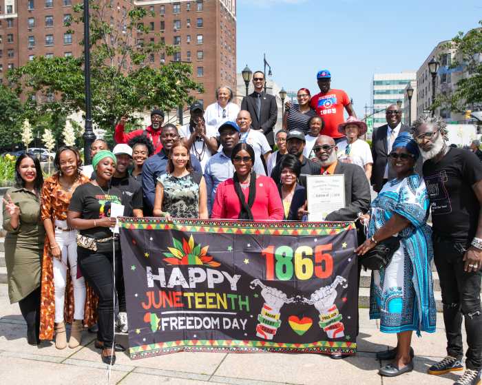 Bronx Borough President Vanessa L. Gibson, center, leads Juneteenth Celebration in the Bronx.