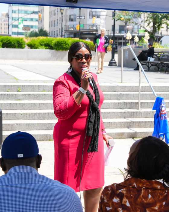 Bronx Borough President Vanessa L. Gibson, addresses the Juneteenth ceremony in the Bronx.