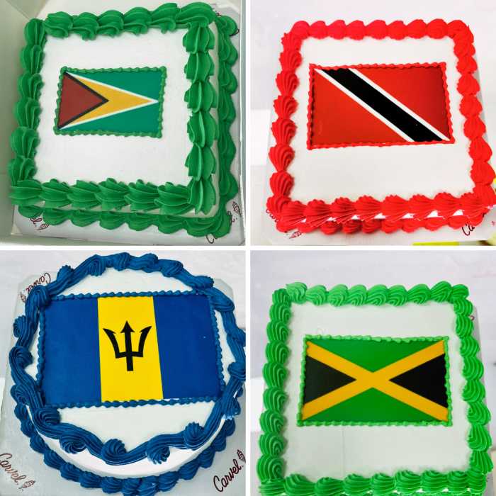 Carvel cakes topped with Caribbean flags — including Guyana, Trinidad, and Jamaica — line the display case, which has become a weekend favorite for customers across the boroughs, blending sweet celebration with cultural pride.