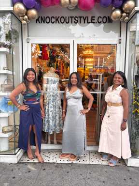 From left, Natasha Persaud, Nalini Kublall, and Navita Sainchand pose outside Knockout Styles, a longtime Queens boutique they officially took over in March 2025. The three women, all of Guyanese descent, once shopped at the store as teenagers.