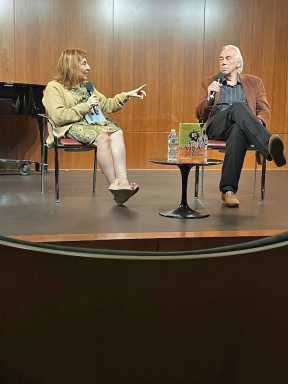 New York journalist Pat Meschino talks with London-based author John Masouri at the Brooklyn Public Library.
