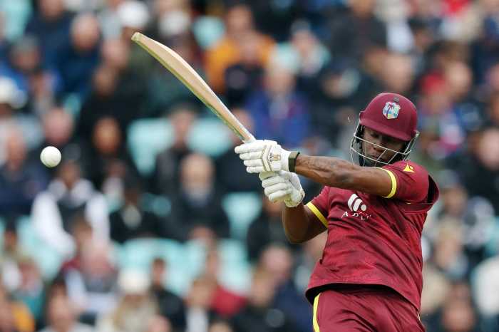 West Indies' Evin Lewis plays a shot and get caught by England's Jamie Smith, off the bowling of Brydon Carse during the Third One-Day International at the Kia Oval, London, Britain on June 3, 2025.