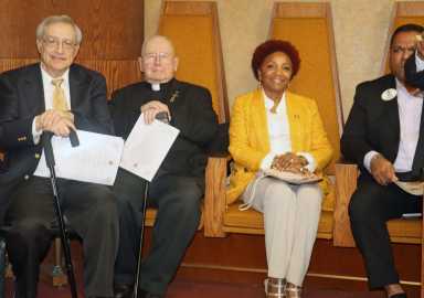 Councilmember Mercedes Narcisse among members of the clergy as Brooklyn Canarsie Lions hosted a successful Brotherhood Service, distributed Thanksgiving gifts in November 2024.