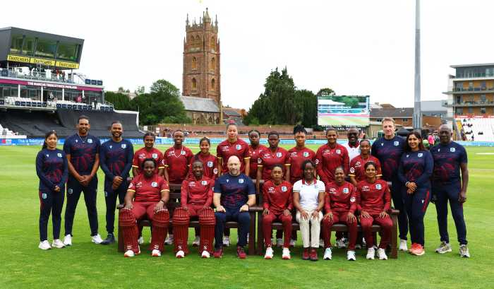 West Indies team pose for a group photo before the Third Women's One-Day International match against England at the Cooper Associates County Ground, Taunton, Britain on June 7, 2025.