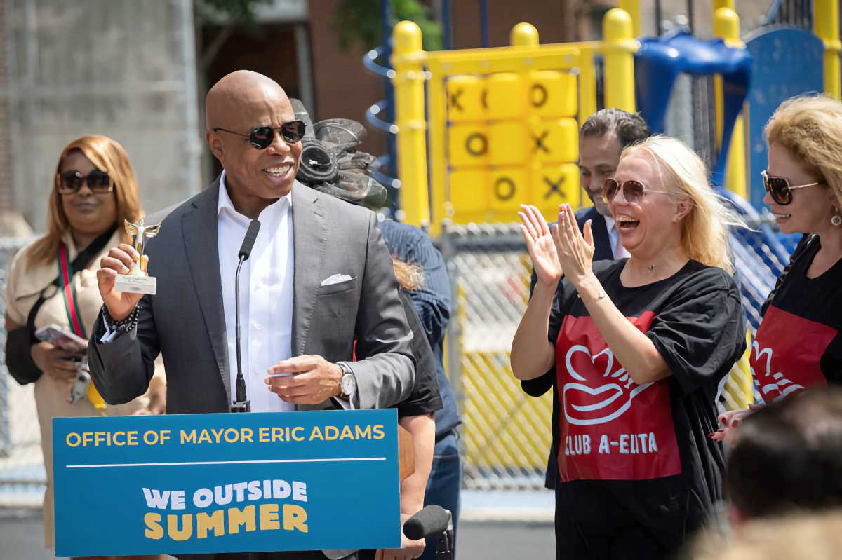 Mayor Eric Adams at the podium.