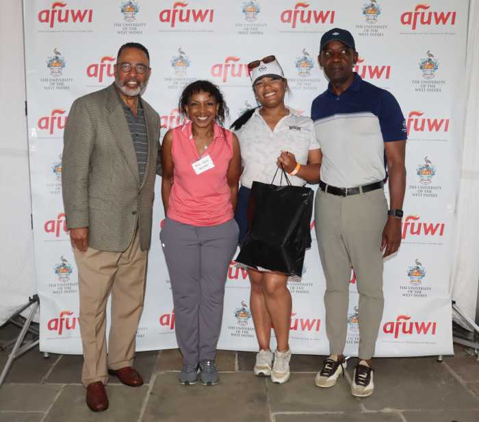 Kyra Cox, a longtime Vincentian-American friend of the Open and the current Metropolitan PGA Communications manager, third from left, with her Vincentian-born dad, Keith Cox, right; Dr. McCalla; and Ann-Marie Grant, AFUWI’s Jamaican-born executive director and tournament organizer.