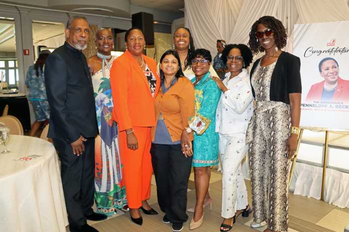 Trinidad and Tobago Opposition Leader and PNM Leader Pennelope Beckles-Robinson, third from left, with CDU President Amb. Eugene Pursoon, left, retired judge Sylvia Ash, right, and members of the Trinidad and Tobago Nurses Association of New York.