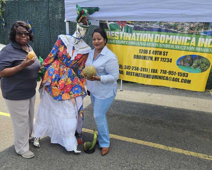 Carnasie Lions President Jean Joseph with Assemblywoman Jaime Williams showcasing Dominica native wear.