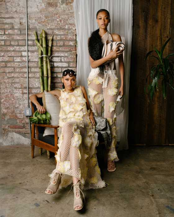 (Left) Essequibo Floral Lace Maxi Dress in cotton netted lace with yellow embroidered flowers and jersey lining. (Right) Essequibo Floral Lace Pant featuring custom 3D floral embroidery and five-pocket styling.