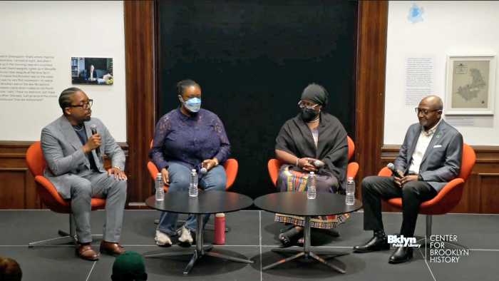 Screenshot of moderator Vann R. Newkirk II, with panelists Dr. Robert Bullard, Ph.D., Jacqueline Patterson, and Kendra Pierre-Louis in conversation at the Brooklyn Public Library's Center for Brooklyn History (BPL-CBH) on June 4.
