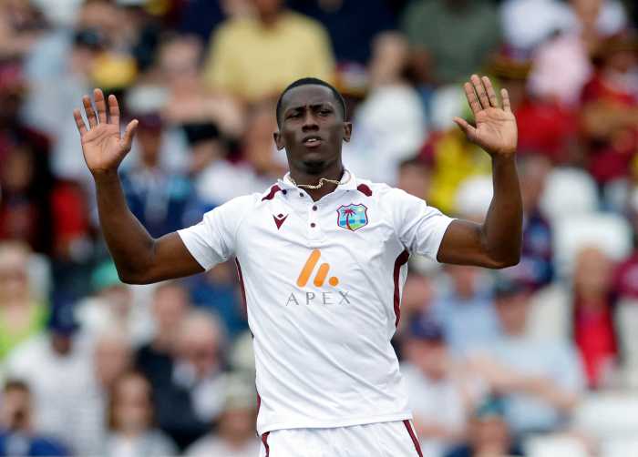 West Indies' Shamar Joseph reacts during a match against England at Trent Bridge Cricket Ground, Nottingham, Britain on July 20, 2024.