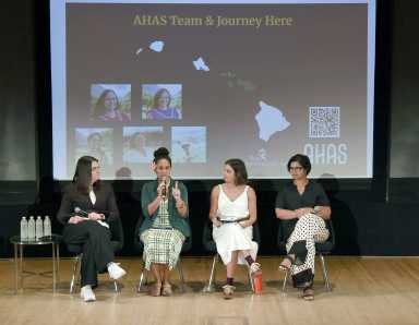 From left, Moderator Madeleine McGirk Rutherford, with panelists Hōkū Pavao, Mariana Rosa and Nisha Sajnani, on stage during the “Art & Health Panel: Exploring the Power of the Arts in Health - A Global Perspective,” held at Lincoln Center for the Performing Arts on July 11, 2025.