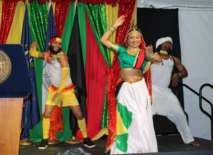 Dancers in a choreography of the Masquerade, Indian, and African culture during a dynamic heritage reception on July 22, at Gracie Mansion in Manhattan, hosted by Mayor Adams,