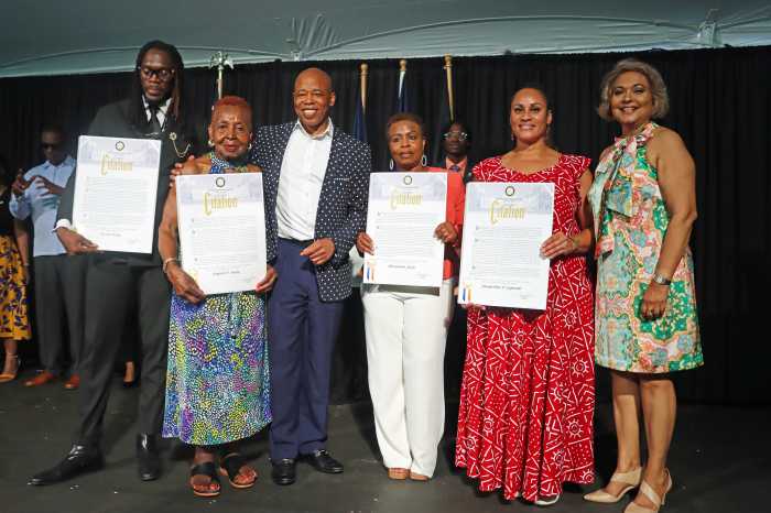 Honorees with Mayor Eric Adams, third from left, and Hazra Ali, right. Others in photo, from left: Kevin Crown, Angela Sealy, Alexandra Actie and Jacqueline Lopardo, Esq.