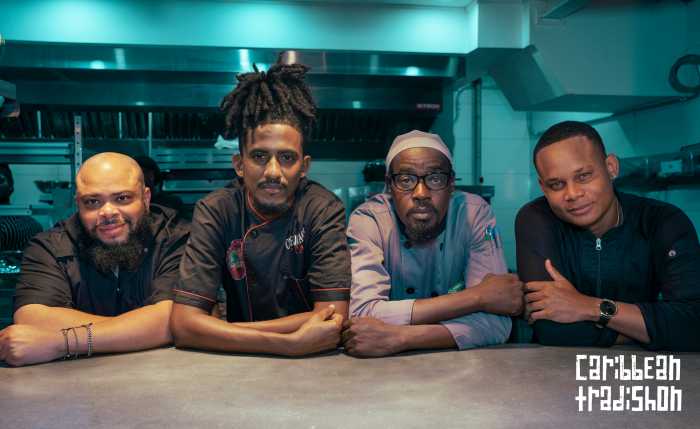 Chefs at the Caribbean Tradishon Barbados dinner: Chef Alain LeMaire (Haiti), Chef Joachim Joseph (Grenada), Chef Ras (Barbados), and Chef Garfield Sievwright (Jamaica).