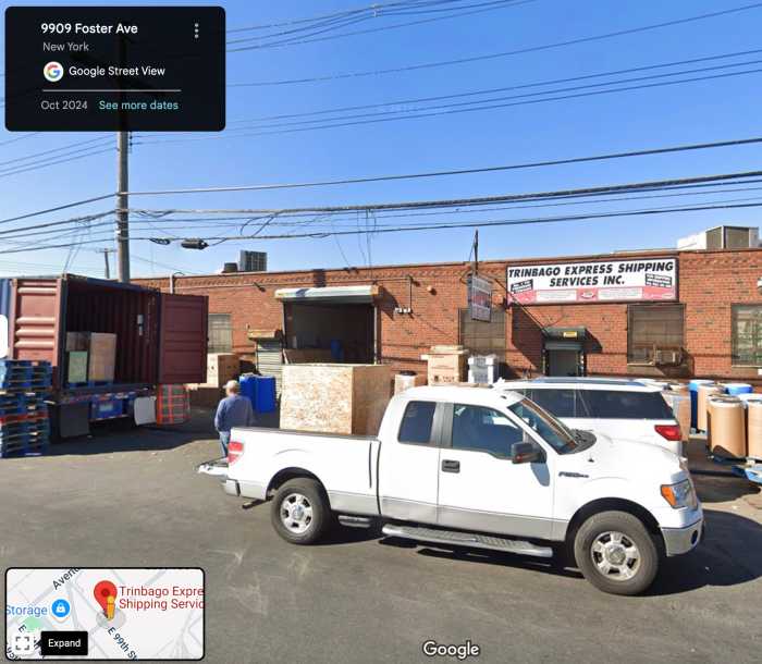 A Google Maps screenshot in street view, taken in October 2024, of Trinbago Express Shipping Services, in Brooklyn.