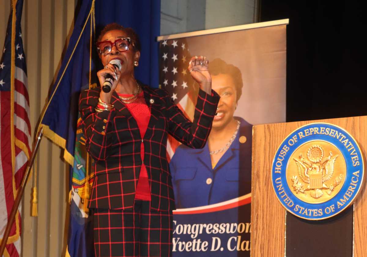 Caribbean-American Democratic Congresswoman Yvette D. Clarke addresses town hall meeting at George Wingate High School Auditorium in Brooklyn on June 16, 2025.