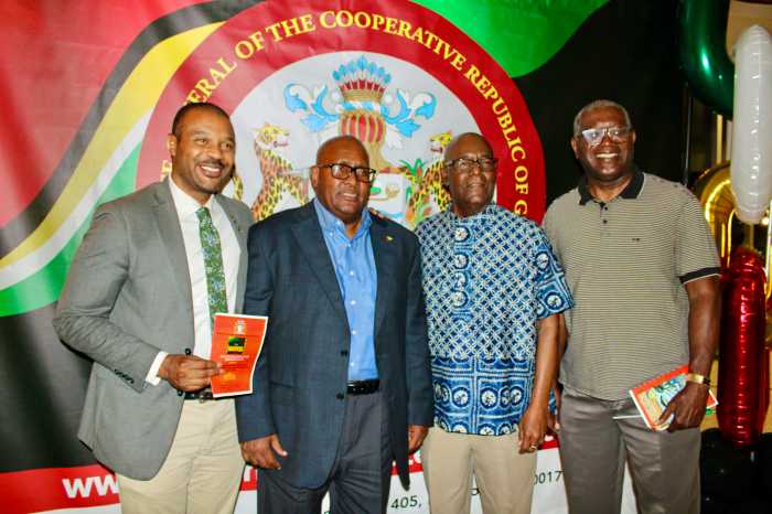 Senator Jabari Brisport of Guyanese heritage, left, joins Ambassador Michael E. Brotherson and other guests, for a photo-op at an Emancipation Observance hosted by the Guyana Consulate to New York, on July 31. at Medgar Evers College in Brooklyn.