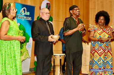 From left, a participant, Josiah Chappelle, Winston Jaggae'Hoppie, and Lady Ira Lewis during a moving libation ceremony, during an Emancipation Observance on July 31, hosted by the Guyana Consulate to New York, at Medgar Evers College in Brooklyn.