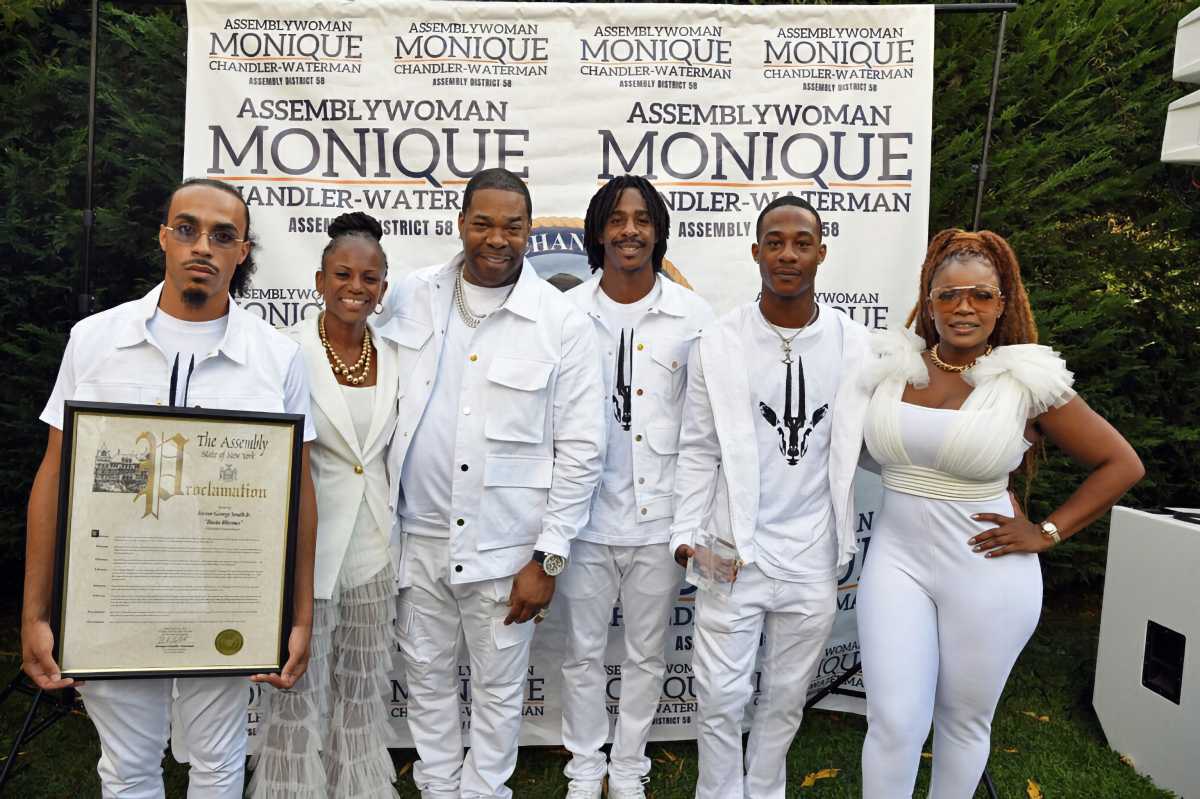 NYS Assemblywoman Monique Chandler-Waterman, (second from left) with honorees Busta Rhymes, his sons, and Dr. Meta.