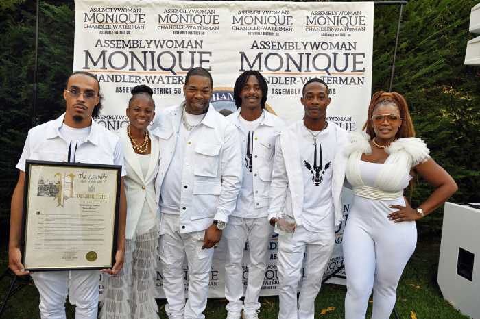 NYS Assemblywoman Monique Chandler-Waterman, (second from left) with honorees Busta Rhymes, his sons, and Dr. Meta.