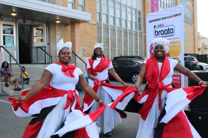 Dancers of the Endless Vibration Dance & Drum Corp. go through their paces at the Aug. 10, 2025 colorful Bankra Caribbean Folk Festival on the Holy Family Church tarmac in Canarsie, Brooklyn.