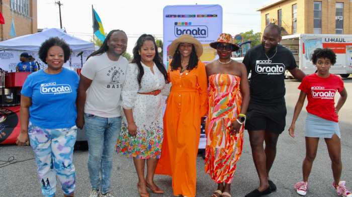 From left, Bratta staffer, Founder of Bratta Andrew Clarke, Assembly Member Jamie Williams, Assembly Member Monique Chandler-Waterman, Sandy, staffer representing State Senator Roxanne Persaud, and Bratta staffers at the Bankra Caribbean Folk Festival in Canarsie, on Aug.10, 2025.