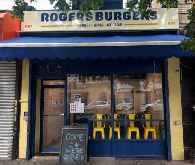 Signage of Rogers Burgers on 801 Rogers Ave., Brooklyn, NY 11226.